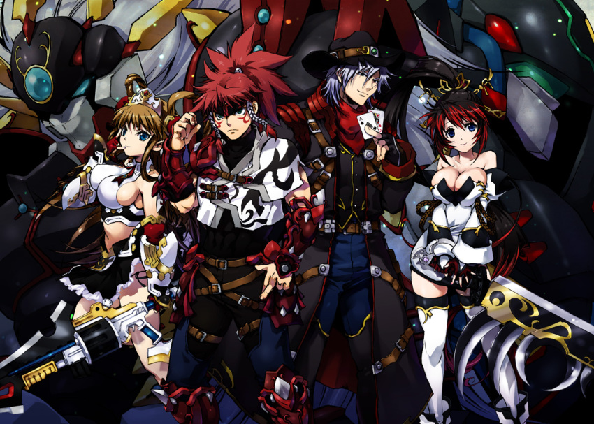 2boys, 2girls, aledy_naash, armor, banpresto, blue_eyes, breasts, brown_hair, card, cleavage, coat, cowboy, cowboy_hat, cowboy_western, facial_mark, fingerless_gloves, gauntlets, gespenst, gloves, greaves, green_eyes, gun, hair_ornament, harken_browning, hat, holding, holding_card, mecha, midriff, multicolored_hair, multiple_boys, multiple_girls, nakamura_kanko, nanbu_kaguya, navel, neige_hausen, playing_card, rasatsuki_arkon, red_hair, robot, silver_hair, super_robot_wars, super_robot_wars_og_saga_mugen_no_frontier, super_robot_wars_og_saga_mugen_no_frontier_exceed, sword, thighhighs, trench_coat, v_arms, weapon, western