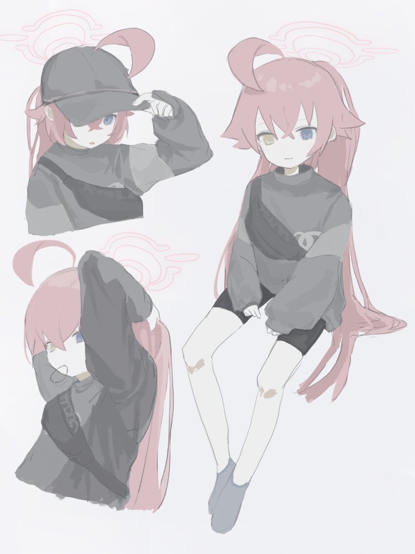 1girl, absurdres, adjusting_clothes, adjusting_hair, adjusting_headwear, ahoge, alternate_costume, baseball_cap