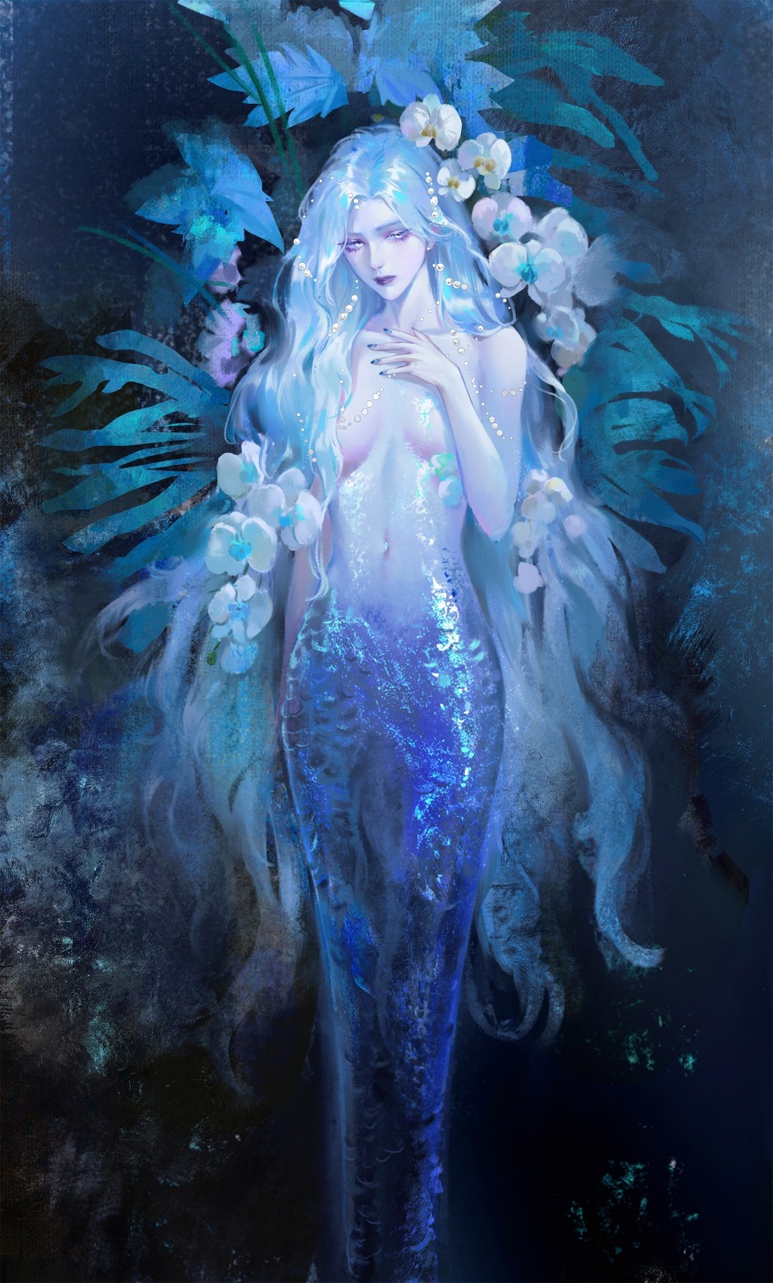 1girl, absurdres, arm_at_side, blue_background, blue_hair, blue_nails, blue_theme, breasts, collarbone, expressionless, flower, guishu_lingxiang, convenient_hair, hand_on_own_chest, highres, leaf, long_hair, looking_to_the_side, medium_breasts, mermaid, monster_girl, navel, nude, original, parted_lips, purple_lips, realistic, scales, solo, very_long_hair, wavy_hair, white_eyes, white_flower
