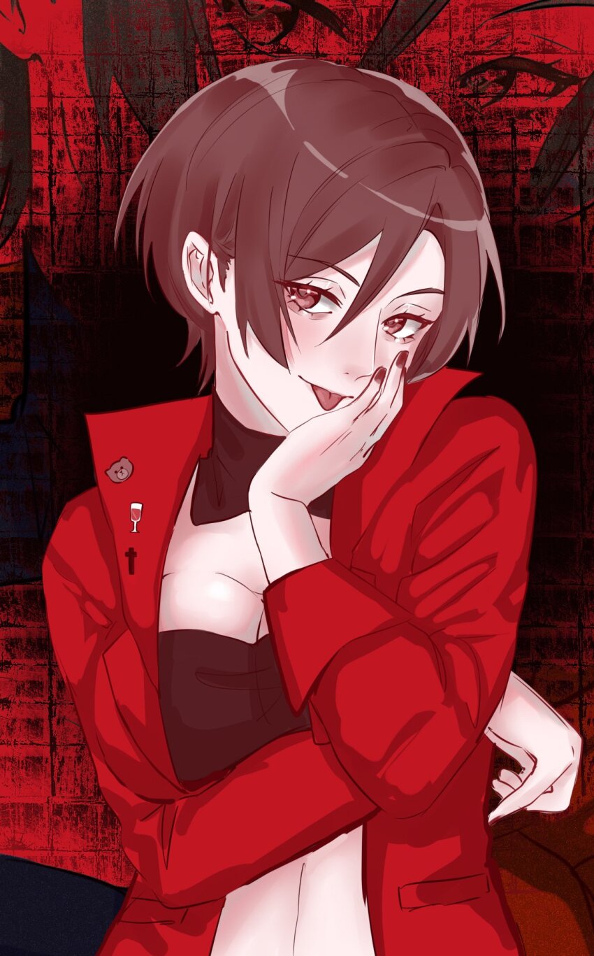 akujiki_musume_conchita_(vocaloid), badge, bear, black_tube_top, breasts, brown_eyes, brown_hair, cheek_rest, cleavage, collared_jacket, cross, crossed_arms, detached_collar, evillious_nendaiki, glass_of_conchita, half-closed_eyes, hand_on_own_cheek, hand_on_own_face, head_tilt, highres, jacket, large_breasts, master_of_the_graveyard_(vocaloid), meiko_(vocaloid), midriff, moonlit_bear_(vocaloid), pocket, red_background, red_nails, red_theme, short_hair, songover, strapless, swept_bangs, tongue, tongue_out, translated, tube_top, vocaloid, yuichiromii
