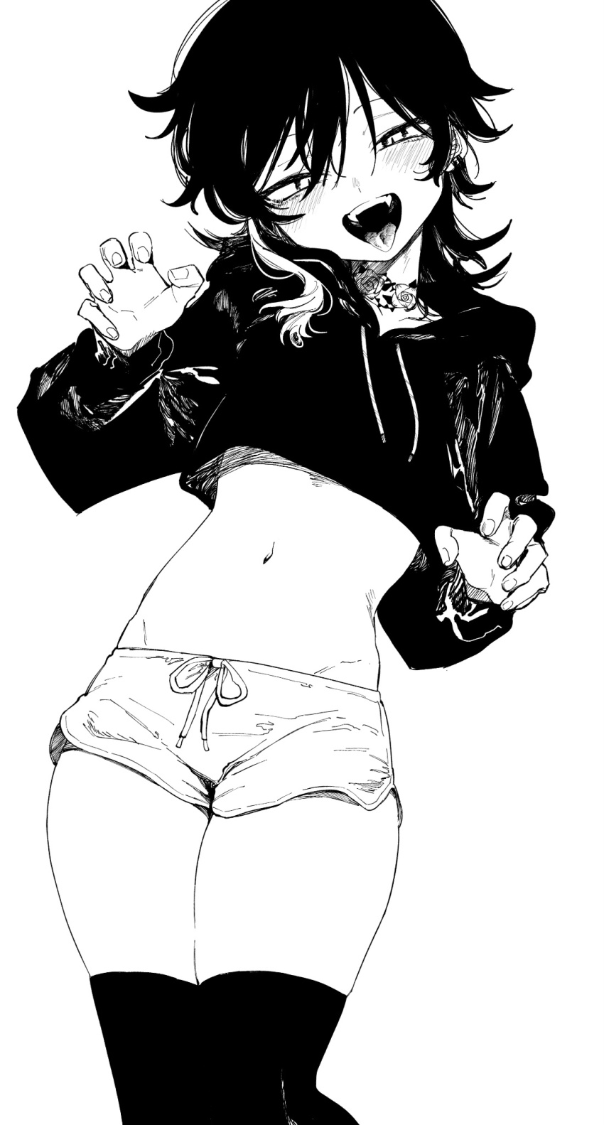 1boy, blush, crop_top, cropped_hoodie, dolphin_shorts, earrings, fangs, greyscale, half-closed_eyes, hand_up, highres, hood, hood_down, hoodie, jewelry, konoito_nui, long_sleeves, looking_at_viewer, medium_hair, monochrome, multicolored_hair, navel, open_mouth, original, short_shorts, shorts, simple_background, solo, stomach, tattoo, teeth, thighhighs, tongue, tongue_out, trap