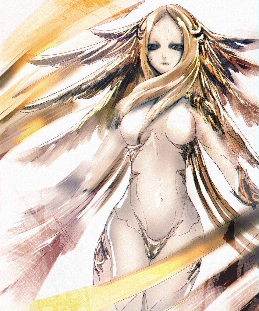 1girl, angel_wings, black_eyes, blonde_hair, breasts, colored_skin, cowboy_shot, cracked_skin, final_fantasy, final_fantasy_xiv, forgiven_obscenity, gold_trim, highres, long_hair, looking_at_viewer, looking_down, medium_breasts, monster_girl, multiple_wings, navel, no_eyebrows, no_nipples, parted_bangs, sin_eater_(ff14), solo, stomach, unf_(unotfound_404), white_skin, wings