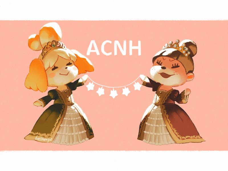 2girls, alternate_costume, animal_crossing, animal_ears, anniversary, artist_name, bellhenge, blonde_hair, blunt_bangs, blush_stickers, border, brown_hair, buttons, closed_eyes, commentary, copyright_name, dog_ears, dog_girl, dress, english_commentary, floppy_ears, freckles, frilled_sleeves, frills, furry, furry_female, gold_headwear, gold_trim, green_dress, hair_bun, high_ponytail, holding, hoop_skirt, isabelle_(animal_crossing), juliet_sleeves, long_dress, long_eyelashes, long_skirt, long_sleeves, lottie_(animal_crossing), multiple_girls, nintendo, open_mouth, otter_girl, pink_background, ponytail, puffy_sleeves, red_dress, short_hair, short_ponytail, single_hair_bun, skirt, smile, tiara, v-shaped_eyebrows, v-shaped_eyes, white_border, white_skirt