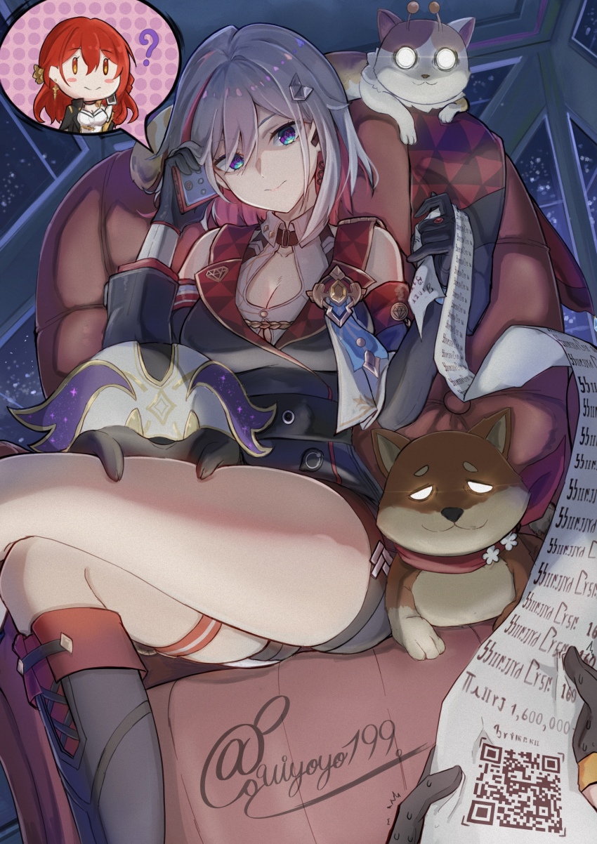 2girls, ?, absurdres, animal, animal_on_lap, bare_shoulders, black_gloves, blue_eyes