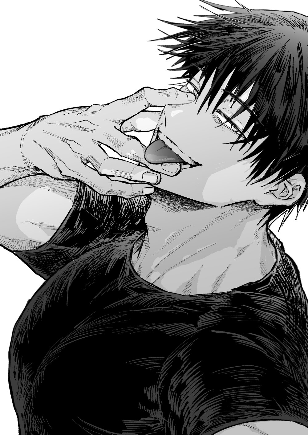 1boy, fushiguro_toji, greyscale, hand_up, highres, jujutsu_kaisen, looking_at_viewer, male_focus, monochrome, muscular, muscular_male, nay_bb, open_mouth, shirt, short_hair, short_sleeves, simple_background, smile, solo, teeth, tongue, tongue_out, upper_body