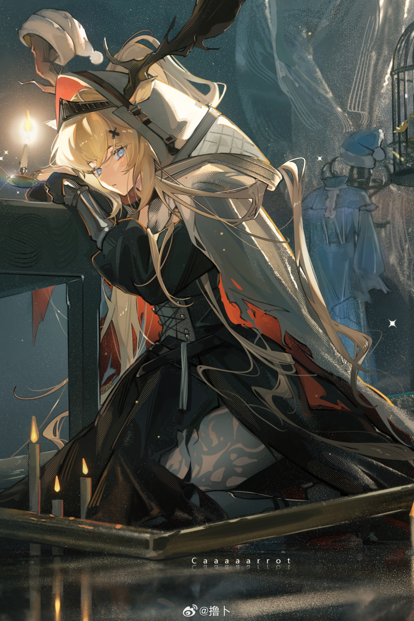 1girl, :o, animal_ears, antlers, horns_through_headwear, horns_through_hood, architecture, arknights