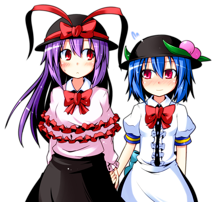 2girls, alternate_hair_length, alternate_hairstyle, blouse, blue_hair, blush, bow, bowtie