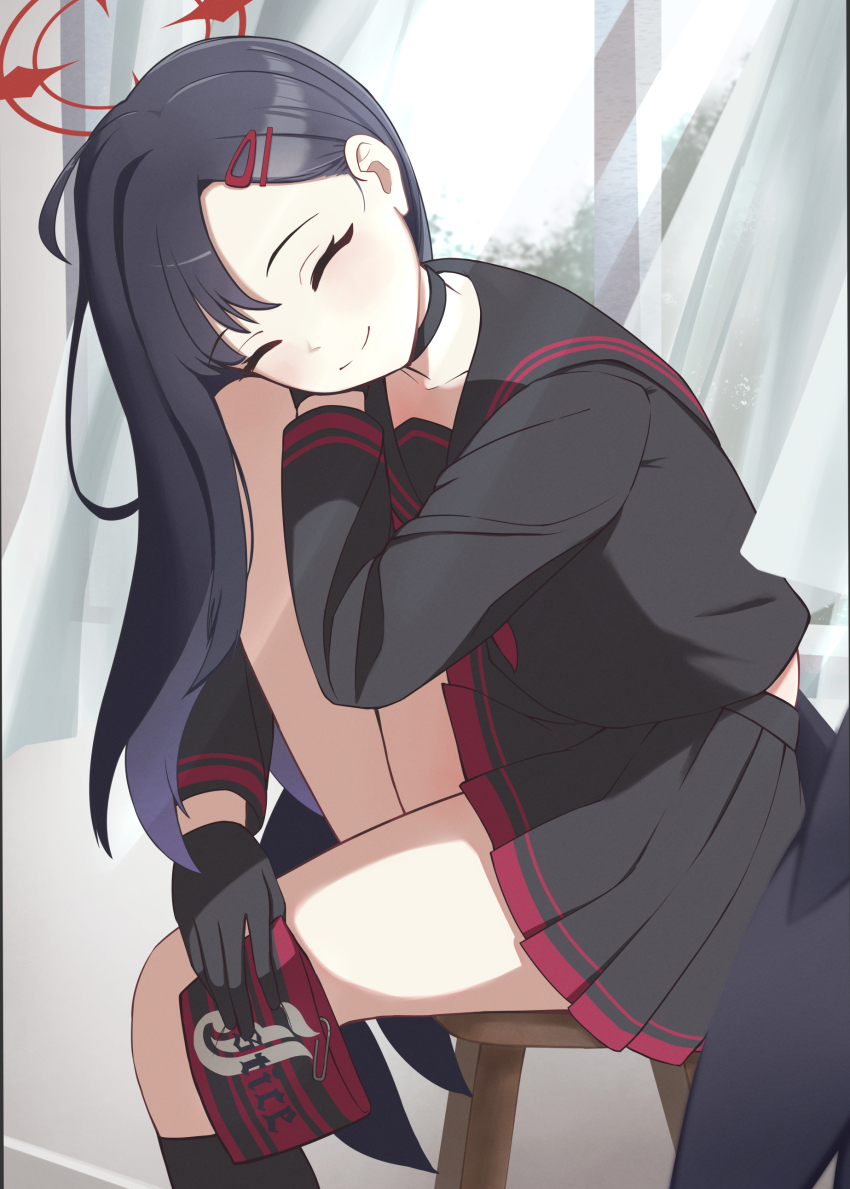 1girl, absurdres, armband, black_choker, black_gloves, black_serafuku, black_shirt, black_skirt