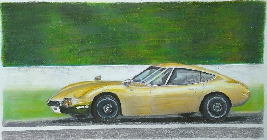 1other, car, colored_pencil_(medium), grass, highres, motor_vehicle, nakanaori31, original, road, shadow, solo, toyota, traditional_media, tree