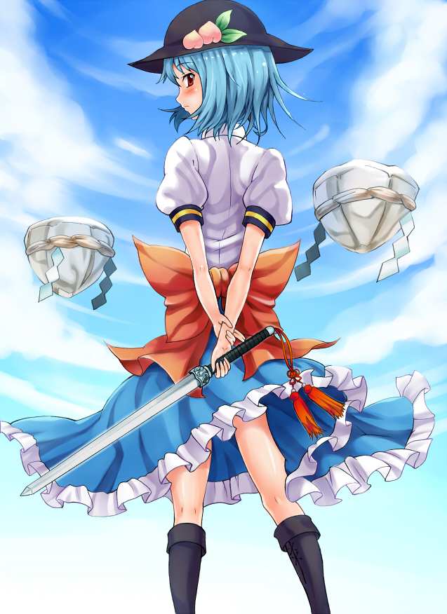 1girl, alternate_hair_length_(shorter), alternate_hairstyle, back, blouse, blue_door, blue_hair, blush