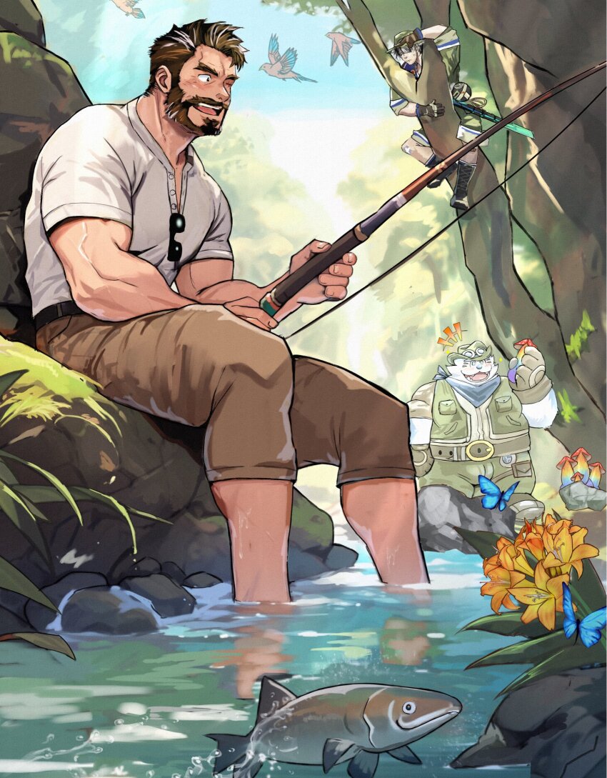3boys, another_eidos-r, ascot, bara, bart_(another_eidos), beard, belt, bird, boots, brown_hair, brown_pants, bug, bulge, butterfly, climbing_tree, combat_boots, facial_hair, fish, fishing, fishing_rod, flower, forest, furry, furry_male, gloves, grey_hair, hat, henley_shirt, highres, holding, insect, looking_afar, male_focus, mature_male, multicolored_hair, multiple_boys, muscular, muscular_male, mushroom, nature, on_rock, one_eye_closed, pants, patty_(another_eidos), pectorals, rock, shirt, sitting, soaking_feet, stream, suamaru, sunglasses, surprised, thick_eyebrows, thorkell_(another_eidos), tree, two-tone_hair, unworn_eyewear, vest, white_hair, white_shirt, yellow_flower
