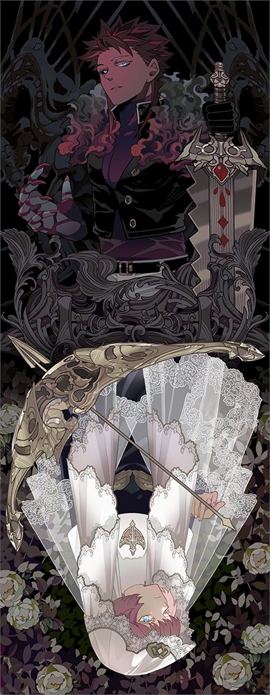 1boy, 1girl, alternate_costume, alternate_hairstyle, arrow_(projectile), belt, belt_buckle, black_background