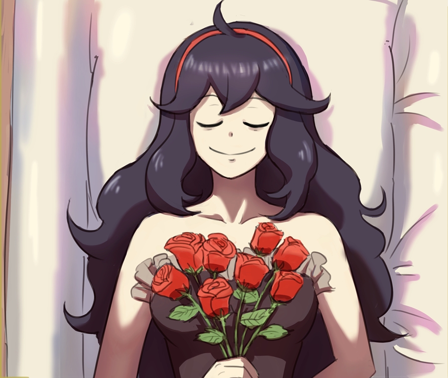 1girl, ahoge, bare_shoulders, black_dress, chips_n_cookies, closed_eyes, collarbone, dress, flower, hex_maniac_(pokemon), hex_maniac_(pokemon_xy), lying, my_chemical_romance, nintendo, pokemon, pokemon_x_and_y, purple_hair, red_flower, rose, smile, solo, straight-on, three_cheers_for_sweet_revenge, upper_body