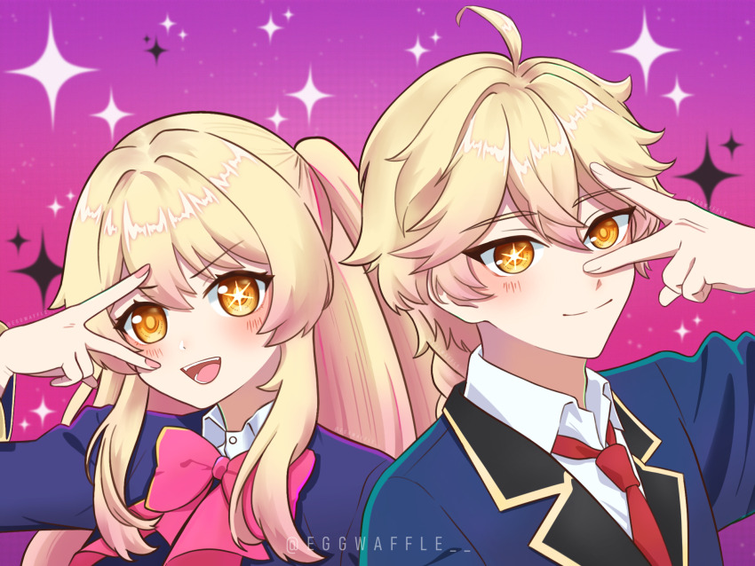 1boy, 1girl, aether_(genshin_impact), blonde_hair, blue_jacket, bow, bowtie, brother_and_sister, closed_mouth, cosplay, genshin_impact, hair_between_eyes, highres, hoshino_aquamarine, hoshino_aquamarine_(cosplay), hoshino_ruby, hoshino_ruby_(cosplay), jacket, kwek_kwek, long_hair, lumine_(genshin_impact), necktie, open_mouth, oshi_no_ko, pink_bow, pink_bowtie, red_necktie, school_uniform, siblings, star-shaped_pupils, star_(symbol), symbol-shaped_pupils, v, v_over_eye, yellow_eyes, youtou_high_school_uniform