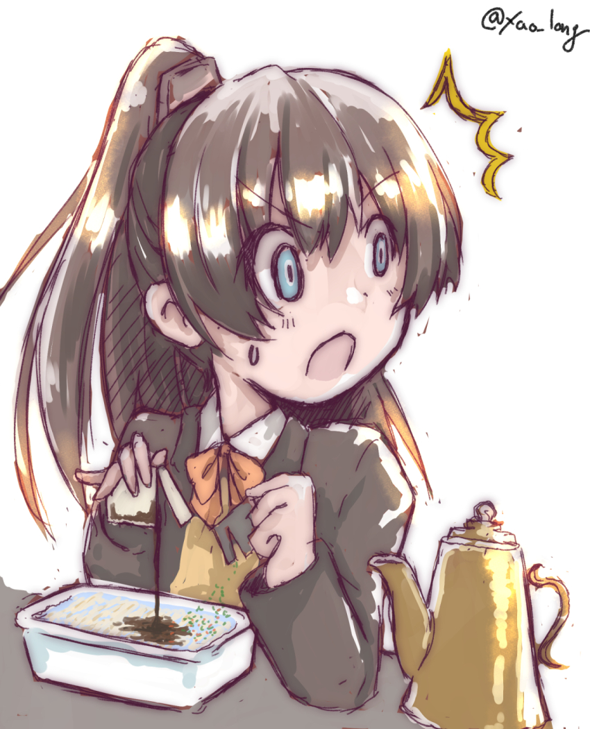 1girl, ^^^, blazer, blue_eyes, bow, bowtie, brown_hair, brown_jacket