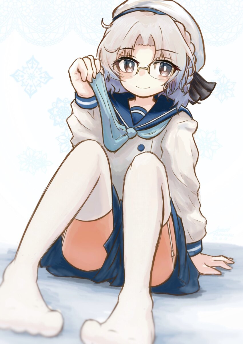 1girl, aaoi, aqua_neckerchief, blue_neckerchief, blue_sailor_collar, blue_skirt, brown_eyes, garter_straps