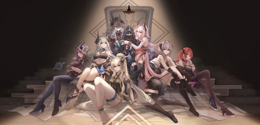 6+girls, absurdly_long_hair, absurdres, affectionate_harem, antenna_hair, arknights, barefoot, bikini
