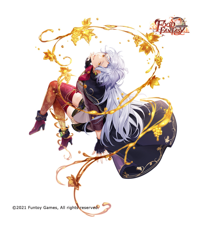 1girl, :d, ankle_boots, arm_support, black_cape, black_gloves, black_shorts, blue_hair, boots, bow, bowtie, breasts, brown_shirt, buttons, cape, chain, choker, cocosuke, copyright_name, copyright_notice, crossed_legs, cup, double-breasted, drinking_glass, earrings, fingerless_gloves, food, food_fantasy, food_print, from_above, fruit, fruit_print, full_body, garter_straps, gloves, gradient_legwear, grape_print, grapes, grey_vest, highres, hydrokinesis, invisible_chair, jewelry, liquid, long_hair, long_sleeves, looking_at_viewer, looking_up, medium_breasts, official_art, open_mouth, orange_eyes, orange_thighhighs, print_thighhighs, purple_cape, red_boots, red_bow, red_bowtie, red_thighhighs, ribbon, sherry_(food_fantasy), shirt, short_shorts, shorts, simple_background, sitting, smile, solo, thighhighs, triangle_earrings, two-sided_cape, two-sided_fabric, vest, water, white_background, wine_glass