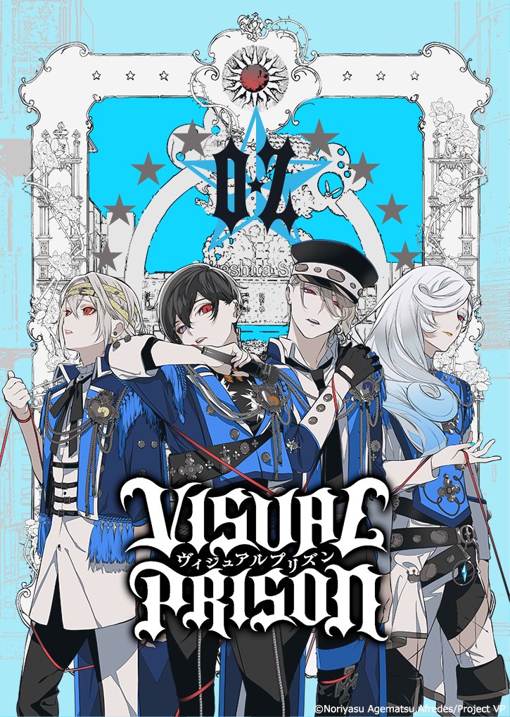 4boys, aiguillette, ange_yuki, barbell_piercing, belt, black_belt, black_footwear, black_hair, black_headwear, black_necktie, black_pants, black_ribbon, black_shirt, black_shorts, blonde_hair, blue_background, blue_eyeshadow, blue_gem, blue_hair, blue_jacket, blue_nails, boots, buttons, closed_mouth, collared_jacket, collared_shirt, copyright_name, copyright_notice, cropped_jacket, cross, cross_patty, cuff_links, curly_hair, detached_pants, earrings, eve_louise, expressionless, eyeshadow, feet_out_of_frame, flower, frilled_shirt_collar, frills, gem, grey_eyes, guiltia_brion, hair_behind_ear, hair_between_eyes, hair_intakes, hair_over_one_eye, hair_over_shoulder, hand_up, hat, head_tilt, heart, heterochromia, holding, holding_microphone, holding_ribbon, jacket, jewelry, katagiri_ikumi, key_visual, lapel_pin, long_hair, long_sleeves, looking_at_viewer, looking_up, makeup, male_focus, medal, microphone, multiple_belts, multiple_boys, neck_ribbon, necktie, official_art, open_clothes, open_jacket, pants, parted_lips, peaked_cap, picture_frame, piercing, promotional_art, red_eyes, red_ribbon, ribbon, robin_laffite, rose, second-party_source, shirt, short_hair, shorts, sleeve_cuffs, three-quarter_sleeves, sleeves_rolled_up, standing, star_(symbol), sun_symbol, tassel, teeth, thigh_boots, thigh_strap, thumb_ring, two-tone_pants, untucked_shirt, upper_teeth_only, visual_kei, visual_prison, white_flower, white_hair, white_pants, white_rose, white_shirt, zipper