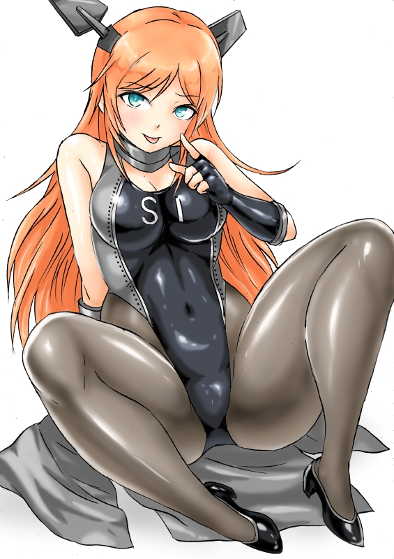 aqua_eyes, black_gloves, black_one-piece_swimsuit, black_socks, breasts, clothes_writing, covered_navel, fingerless_gloves