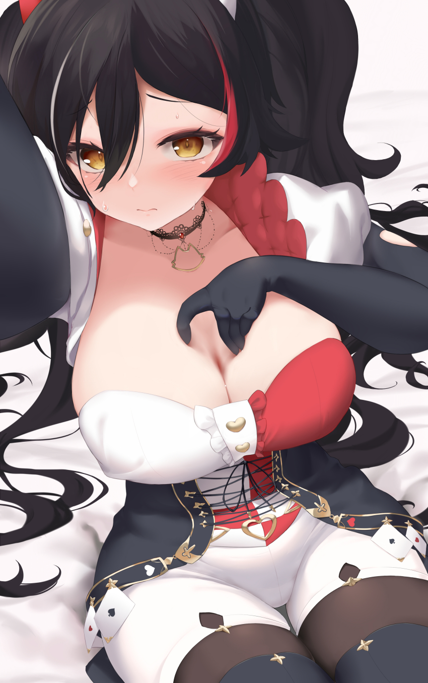 1girl, absurdres, black_hair, blush, breasts, card, choker, cleavage, cross-laced_clothes, cross-laced_dress, gloved_sleeves, hair_between_eyes, hair_ornament, highres, hololive, hololive_gamers, lace, lace_choker, large_breasts, looking_at_viewer, multicolored_hair, ookami_mio, ookami_mio_(wonderland), pantyhose, playing_card, queen_(playing_card), queen_of_hearts_(playing_card), red_hair, shorts, sitting, solo, spread_cleavage, streaked_hair, sweat, twintails, virtual_youtuber, xiaodong327399, yellow_eyes