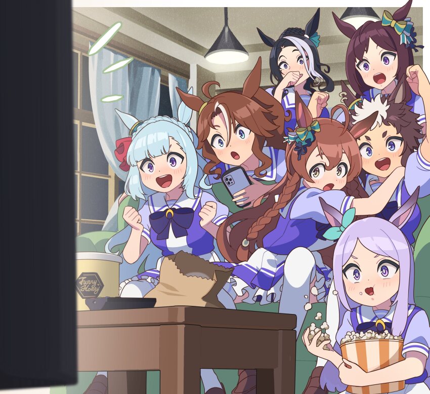 6+girls, absurdres, animal_ears, blue_hair, brown_hair, controller, couch, eating