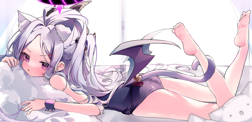 1girl, absurdres, animal_ears, bare_legs, barefoot, bell, black_one-piece_swimsuit, blue_archive, cat_ears, cat_tail, demon_wings, female_focus, grey_hair, halo, highres, hina_(blue_archive), hina_(swimsuit)_(blue_archive), jingle_bell, loli, long_hair, lying, nyaruin, on_stomach, one-piece_swimsuit, parted_bangs, parted_lips, purple_eyes, purple_wings, school_swimsuit, solo, swimsuit, tail, very_long_hair, wings, wrist_cuffs