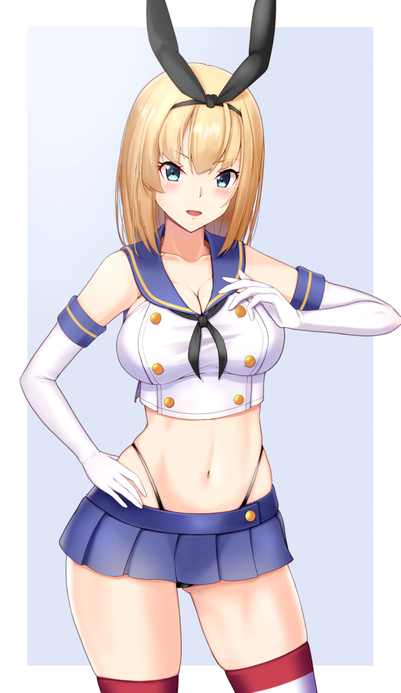 1girl, black_neckerchief, black_panties, blonde_hair, blue_eyes, blue_sailor_collar, blue_skirt, blush