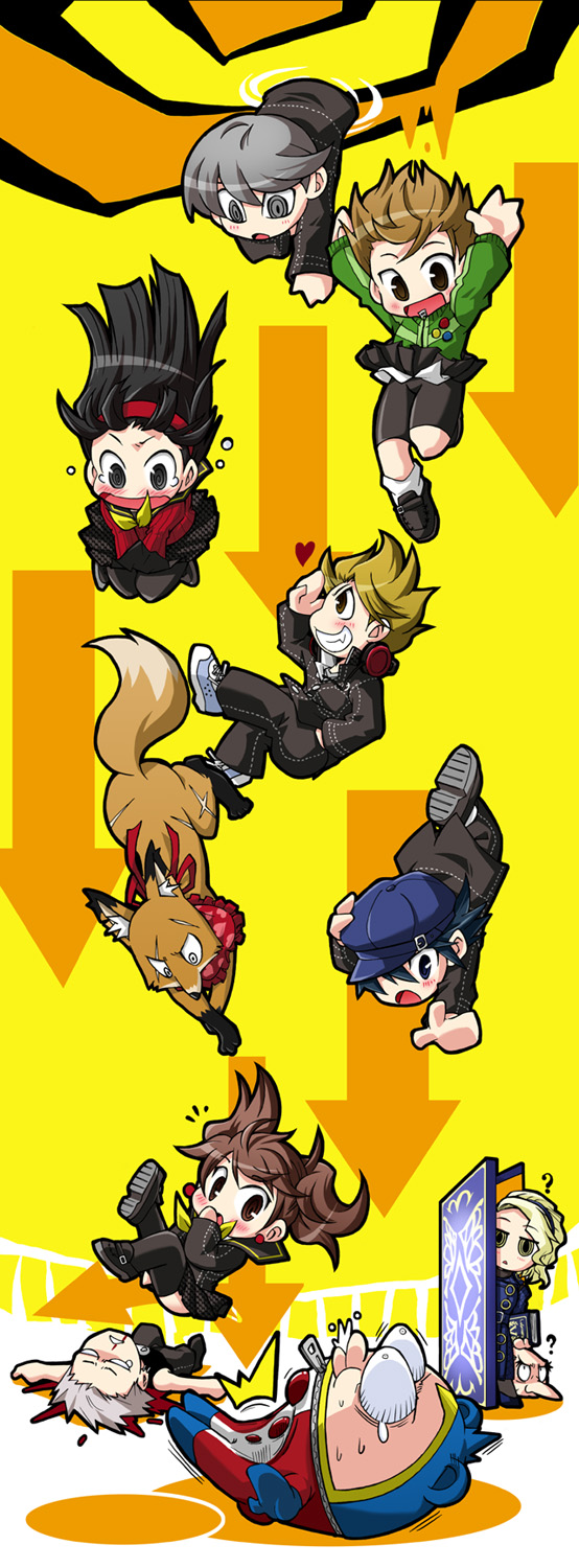 3boys, 5girls, ?, amagi_yukiko, atlus, bald, black_eyes, black_hair, blonde_hair, blood, blue_eyes, blue_hair, blush, brown_eyes, brown_hair, newsboy_cap, chibi, falling, fox, grey_eyes, grey_hair, hairband, hanamura_yousuke, hat, headphones, heart, highres, igor_(persona), jacket, kujikawa_rise, kuma_(persona_4), kurogane_gin, long_hair, long_nose, margaret, margaret_(persona), multiple_boys, multiple_girls, narukami_yu, old, old_man, pantyhose, persona, persona_4, satonaka_chie, school_uniform, serafuku, shirogane_naoto, short_hair, skirt, tatsumi_kanji, thighhighs, twintails, yellow_eyes