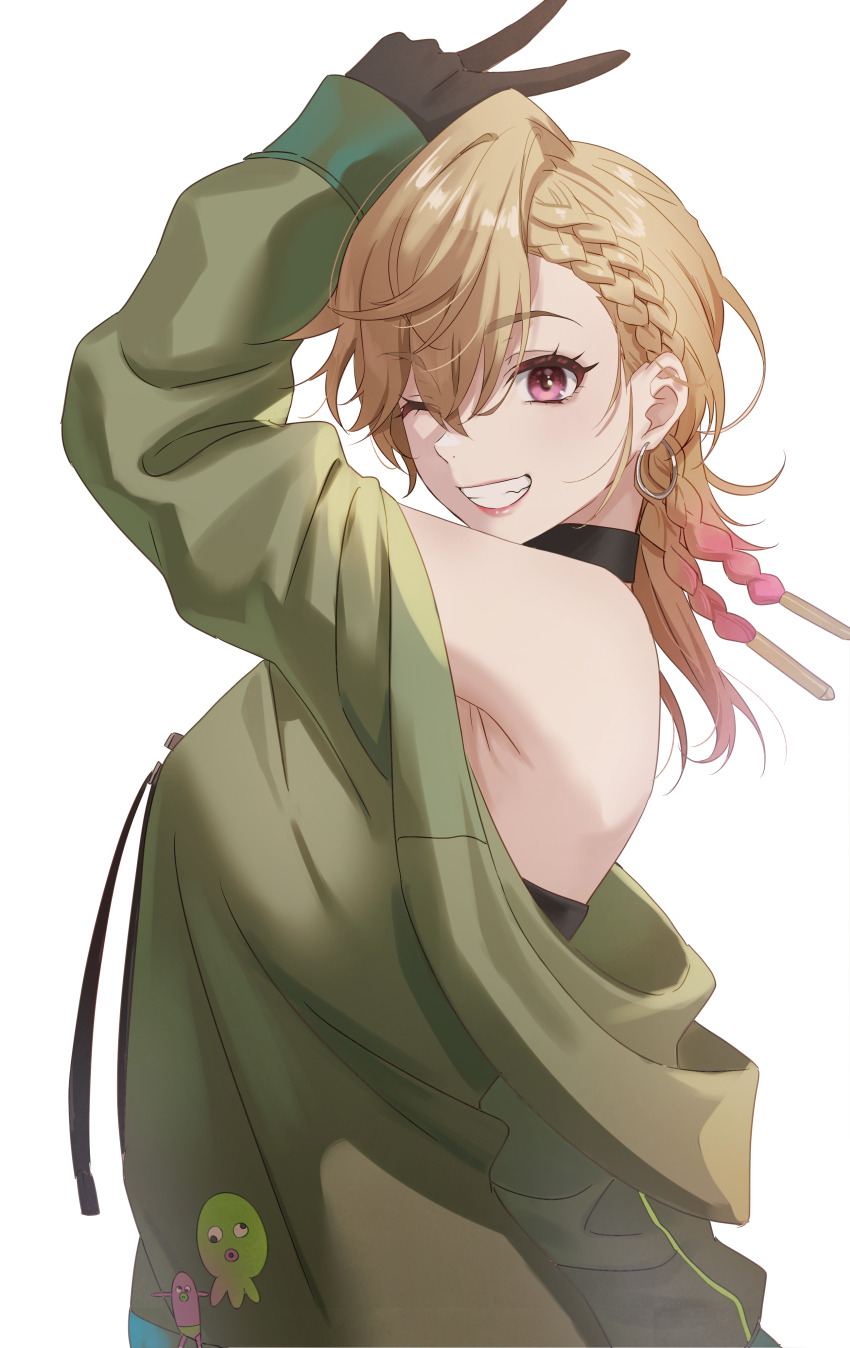 1girl, absurdres, arm_up, bare_shoulders, black_choker, black_gloves, blonde_hair, choker