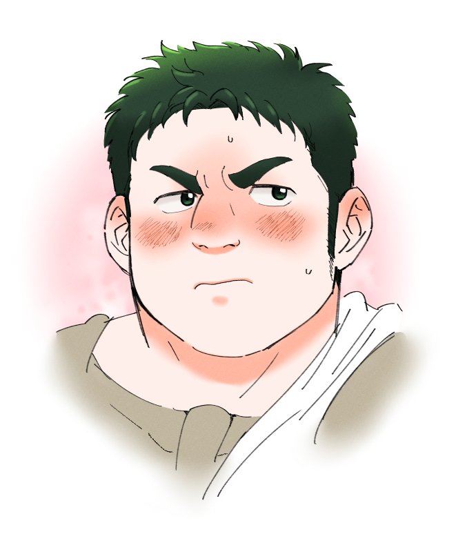 1boy, bara, blush, close-up, closed_mouth, crave_saga, green_eyes, green_hair