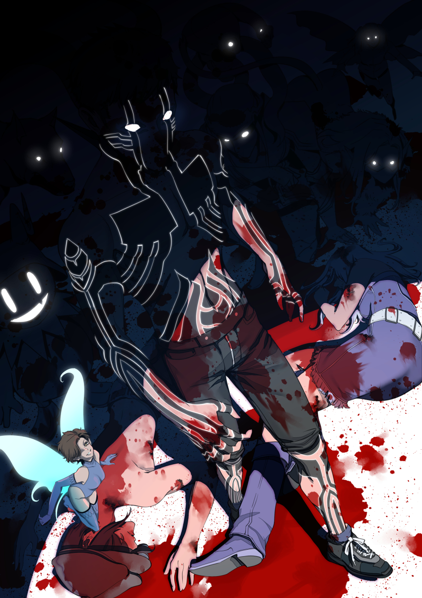 absurdres, aghoby, black_pants, blood, blood_on_clothes, blue_dress, brown_hair, cu_chulainn_(megami_tensei)