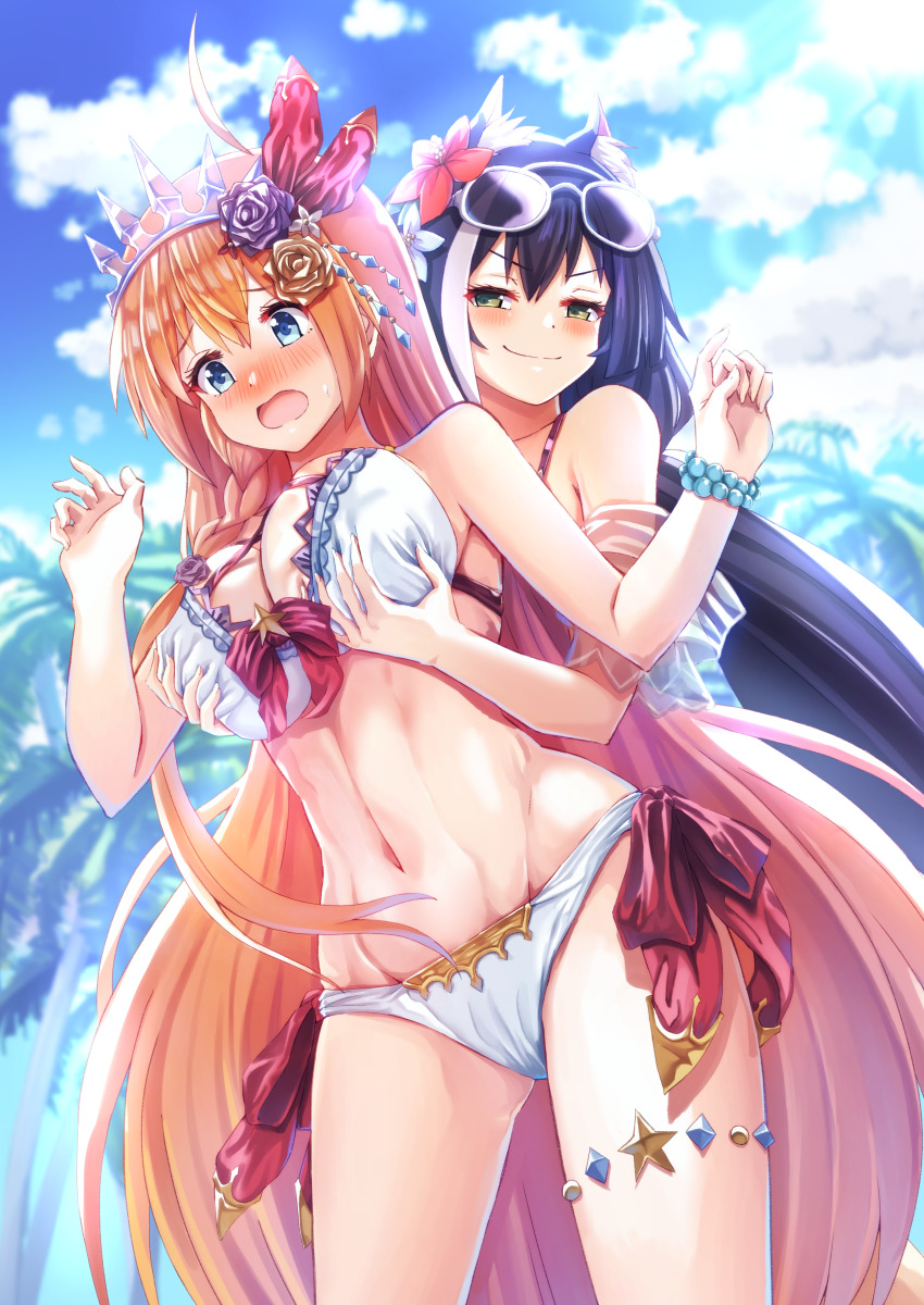 2girls, absurdres, animal_ears, bikini, black_hair, blue_eyes, blue_sky, breasts, cat_ears, cloud, flower, grabbing_another's_breast, grabbing_from_behind, green_eyes, groping, hair_flower, hair_ornament, highres, karyl_(princess_connect!), karyl_(summer)_(princess_connect!), large_breasts, long_hair, multiple_girls, navel, orange_hair, outdoors, pecorine_(princess_connect!), pecorine_(summer)_(princess_connect!), princess_connect!, rabenga, sky, swimsuit, very_long_hair, yuri