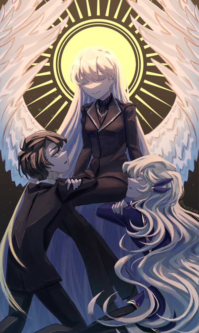 1boy, 2girls, angel_wings, angelica_(project_moon), argalia_(project_moon), arms_at_sides, black_hair, black_jacket, black_pants, black_sweater, blue_coat, chain, chain_necklace, closed_eyes, coat, crossed_arms, feathered_wings, hair_ornament, halo, highres, jacket, jewelry, kneeling, lapels, library_of_ruina, long_hair, looking_at_another, low_wings, multiple_girls, necklace, noct2aa, pants, parted_lips, project_moon, ribbed_sweater, roland_(project_moon), short_hair, sitting, smile, straight_hair, suit_jacket, sweater, tumblr_username, turtleneck, turtleneck_sweater, very_long_hair, wavy_hair, white_hair, white_wings, wings
