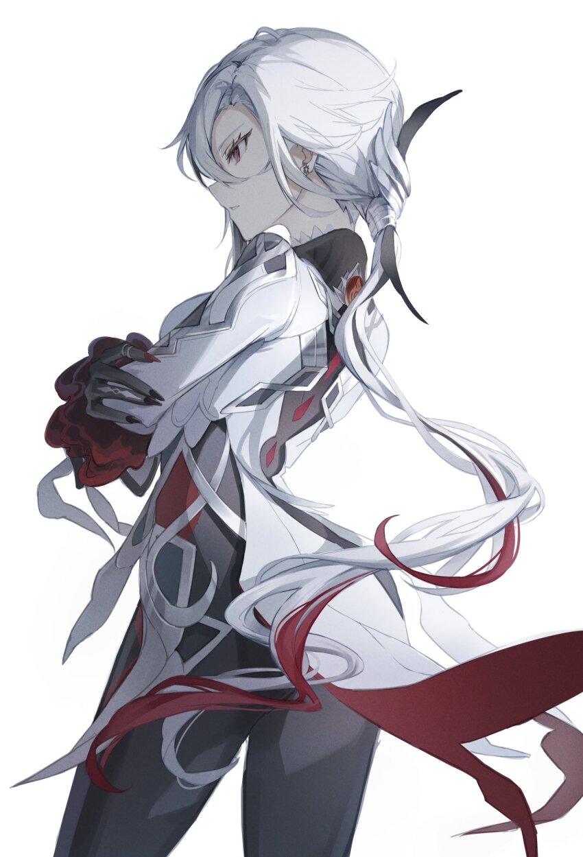 1girl, arlecchino_(genshin_impact), black_gloves, black_pants, earrings, genshin_impact, gloves, haru_same322, highres, jewelry, long_hair, long_sleeves, multicolored_hair, pants, parted_lips, red_pupils, simple_background, solo, streaked_hair, symbol-shaped_pupils, upper_body, white_background, white_hair, white_sleeves, x-shaped_pupils