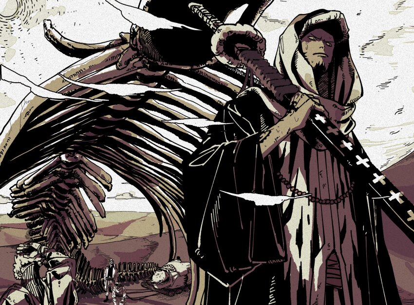 5boys, absurdres, bandana, bear, bepo_(one_piece), black_hair, black_kimono, coat, covered_face, desert, facial_hair, goatee, gokujounomaguro, hand_tattoo, highres, holding, holding_sword, holding_weapon, hood, hood_up, japanese_clothes, kimono, limited_palette, long_sleeves, looking_to_the_side, male_focus, multiple_boys, one_piece, oversized_object, penguin_(one_piece), shachi_(one_piece), sideburns, skeleton, sun, sweat, sword, tattoo, trafalgar_law, uni_(one_piece), weapon, wide_sleeves