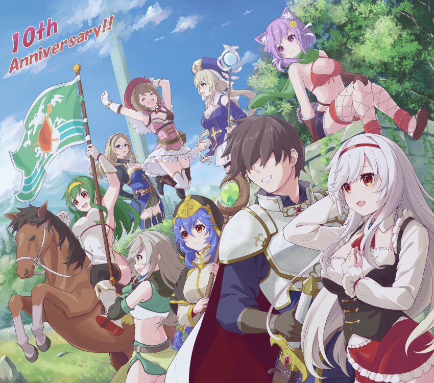 1boy, 6+girls, :d, ^_^, absurdres, alisa_(sennen_sensou_aigis), animal_ear_fluff, animal_ears