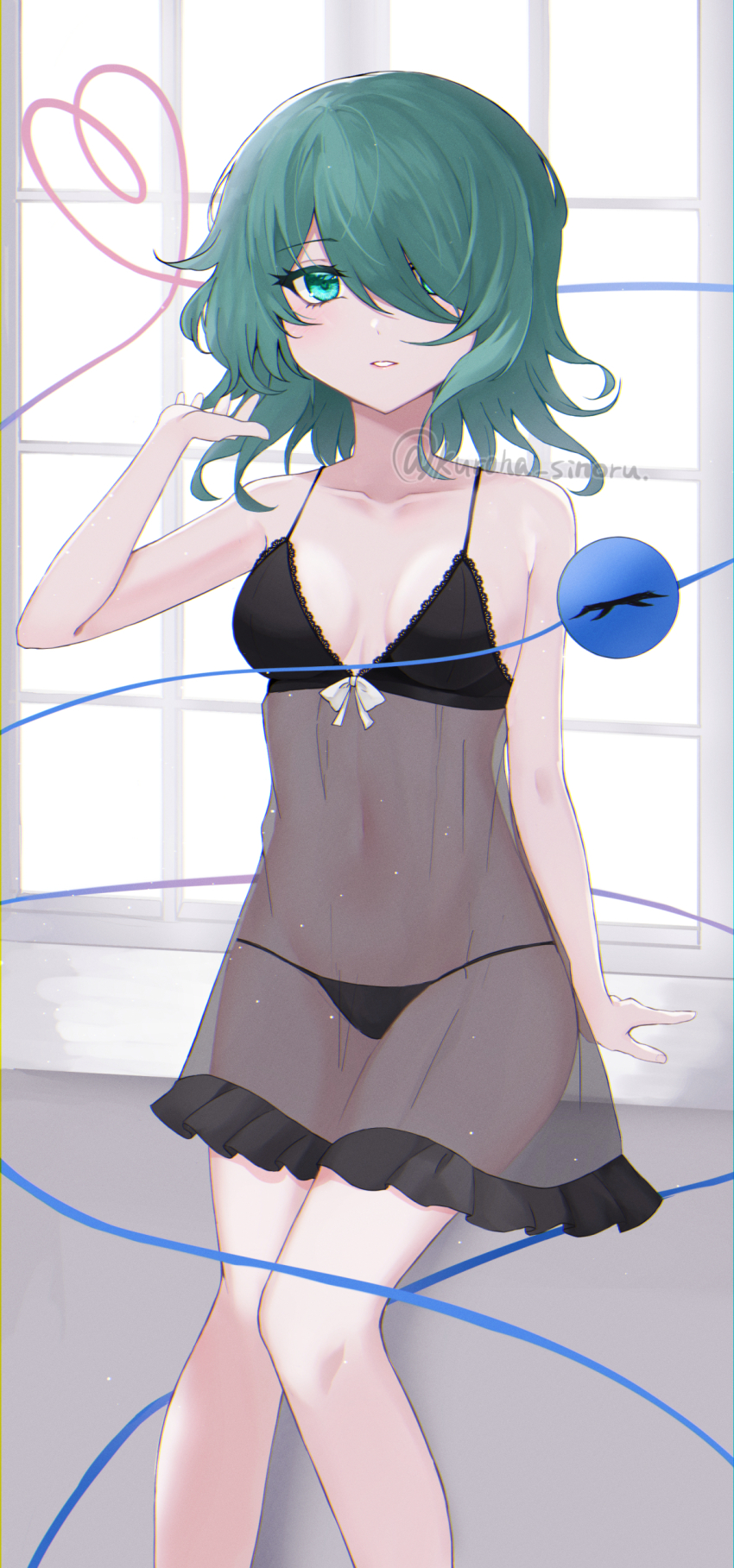 1girl, absurdres, bare_shoulders, dress, frills, green_eyes, grey_hair, heart