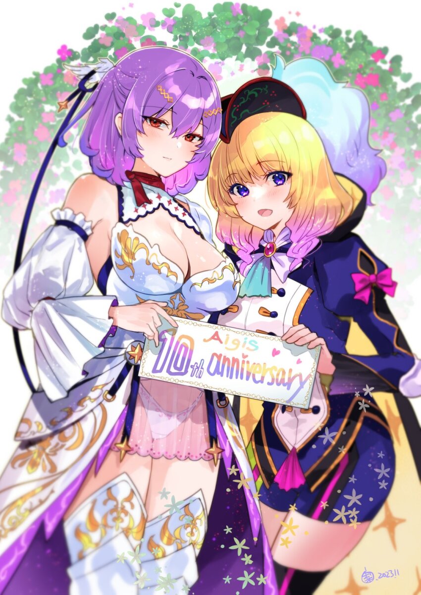 2023, 2girls, anniversary, aran_(sennen_sensou_aigis), argyle_clothes, diamond_cutout, armor, ascot, bicorne, black_cape, blonde_hair, blue_ascot, blue_shorts, blush, breasts, brooch, cape, card, cleavage, clothing_cutout, commentary, detached_sleeves, gradient_hair, hair_intakes, hair_ornament, half_updo, hat, highres, holding, holding_card, hood, hood_down, hooded_cape, jewelry, juliet_sleeves, long_sleeves, looking_at_viewer, margaret_(sennen_sensou_aigis), medium_breasts, medium_hair, multicolored_hair, multiple_girls, open_mouth, panties, pauldrons, pink_skirt, puffy_sleeves, purple_cape, purple_eyes, purple_hair, red_eyes, sagara_riri, see-through_clothes, see-through_skirt, sennen_sensou_aigis, shorts, shoulder_armor, single_bare_shoulder, single_pauldron, skirt, standing, thighhighs, thighs, two-tone_cape, underwear, waist_cape, white_background, white_panties, white_thighhighs, wing_hair_ornament, yellow_cape