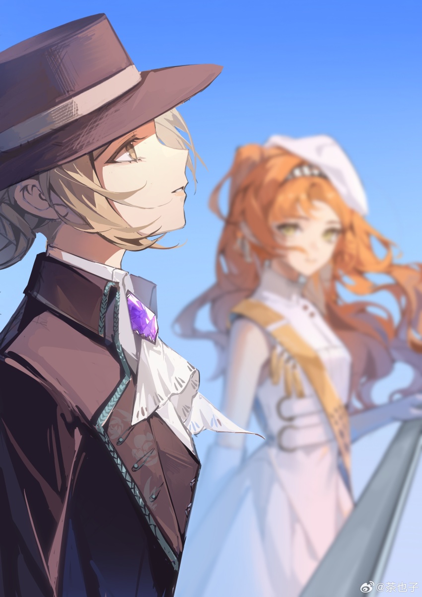 2girls, absurdres, ascot, bare_shoulders, beret, blue_sky, blurry, blurry_background