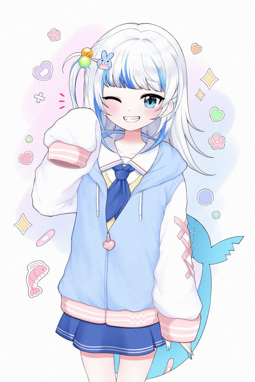 1girl, absurdres, arm_at_side, bandaid, bandaid_on_tail, blue_eyes, blue_hair, blue_jacket