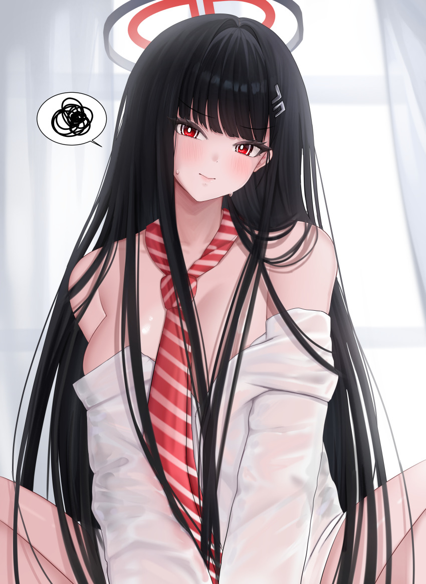 1girl, absurdres, black_hair, blue_archive, borrowed_clothes, breasts, highres, large_breasts