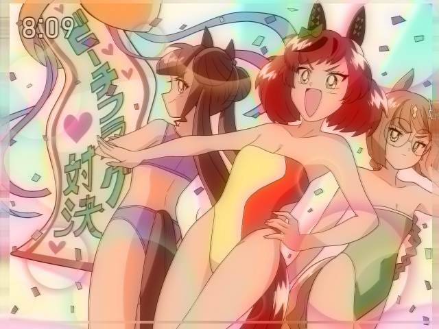 1990s_(style), 3girls, :d, :|, adjusting_eyewear, animal_ears, bikini, blunt_bangs