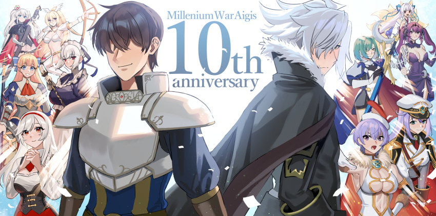 2boys, 6+girls, :d, akagi_kurage, animal_ears, anna_(sennen_sensou_aigis), anniversary, armor