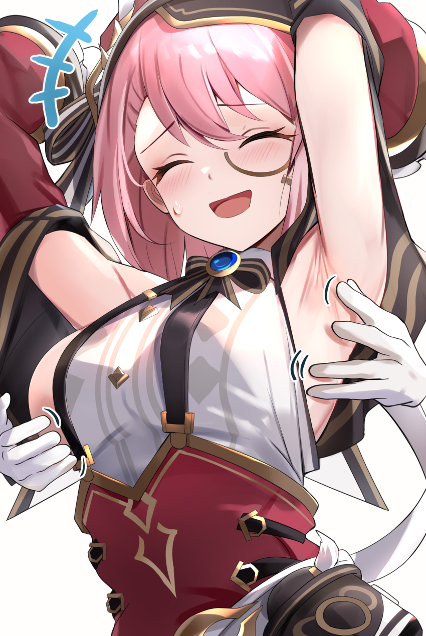 1girl, armpits, arms_up, breasts, charlotte_(genshin_impact), closed_eyes, disembodied_hand, genshin_impact, gloves, hand_on_another's_chest, hat, highres, long_sleeves, medium_breasts, monocle, pink_hair, smile, tickling, tickling_armpits, tickling_breasts, tomas_(kaosu22), white_background