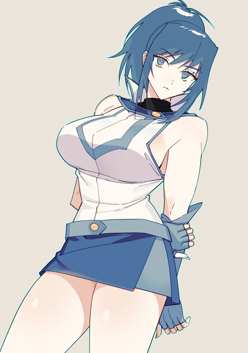 1girl, absurdres, arm_behind_back, bare_legs, blue_eyes, blue_gloves, blue_hair, blue_skirt