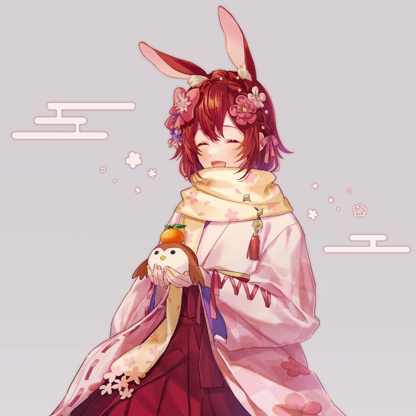 1boy, animal, bird, blush, closed_eyes, floral_print, flower, food, fruit, grey_background, hair_between_eyes, hair_flower, hair_ornament, hair_ribbon, hanasaki_miyabi, hanasaki_miyabi_(4th_costume), happy, highres, holding, holding_animal, holding_bird, holostars, japanese_clothes, kimono, looking_at_viewer, male_focus, medium_hair, open_mouth, orange_(fruit), pink_ribbon, red_hair, ribbon, scarf, smile, solo, trap, virtual_youtuber, yellow_scarf, yuu5078