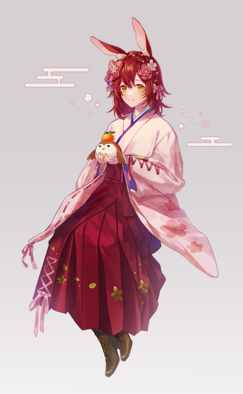 1boy, absurdres, animal, animal_ears, bird, blush, brown_footwear, cherry_blossoms, closed_mouth, floral_print, flower, food, fruit, full_body, grey_background, hair_between_eyes, hair_flower, hair_ornament, hair_ribbon, hanasaki_miyabi, hanasaki_miyabi_(4th_costume), highres, holding, holding_animal, holding_bird, holostars, japanese_clothes, kimono, looking_at_viewer, male_focus, medium_hair, orange_(fruit), owl, pink_ribbon, rabbit_boy, rabbit_ears, red_hair, ribbon, smile, solo, trap, virtual_youtuber, yellow_eyes, yuu5078
