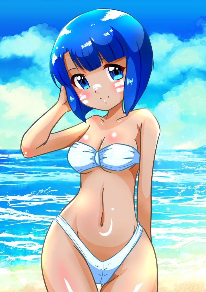 1girl, arm_behind_back, arm_behind_head, beach, bikini, blue_eyes, blue_hair, breasts