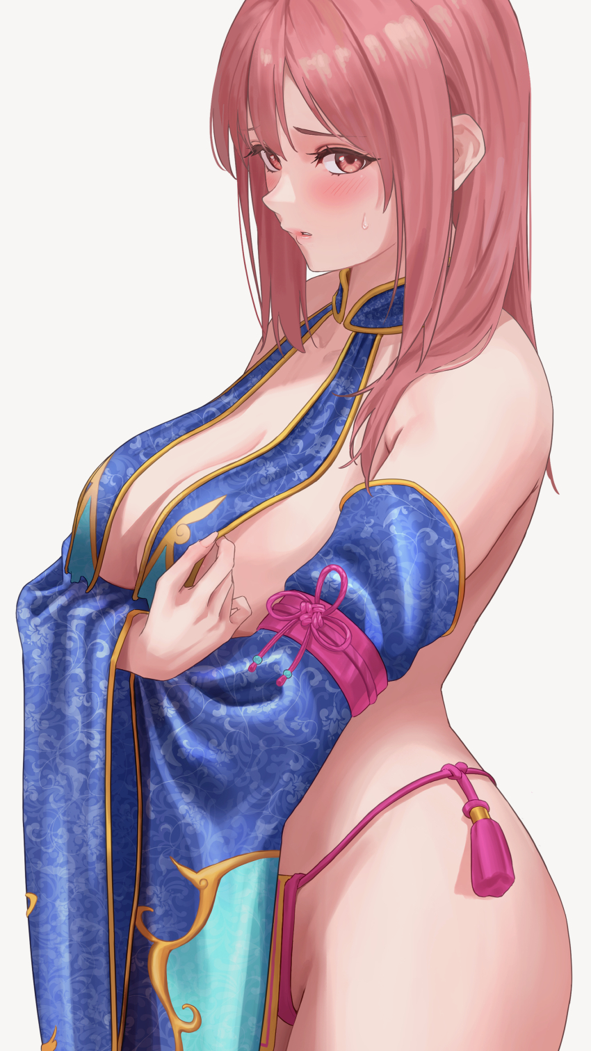 1girl, absurdres, arms_under_breasts, blue_sleeves, blush, breast_curtains, breasts, commentary_request